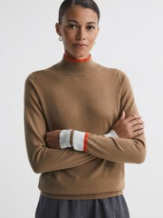 Reiss Camel/Orange Kristen Fitted Merino Wool Funnel Neck Top - Image 1 of 6