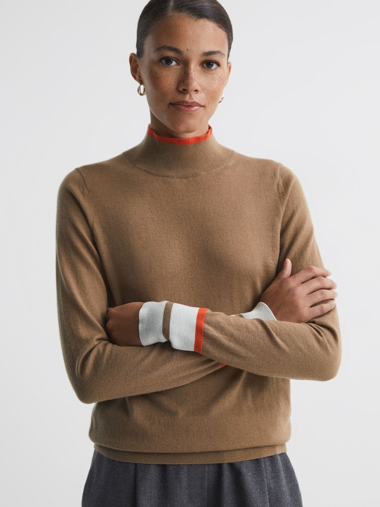 Reiss Camel/Orange Kristen Fitted Merino Wool Funnel Neck Top - Image 1 of 6