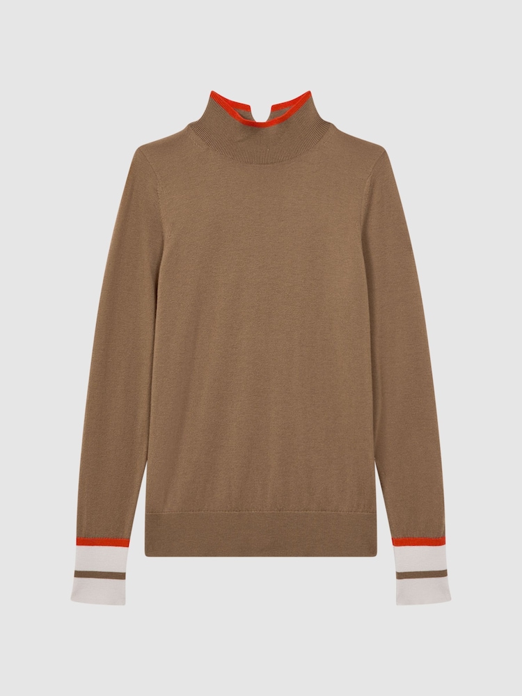 Reiss Camel/Orange Kristen Fitted Merino Wool Funnel Neck Top - Image 2 of 6