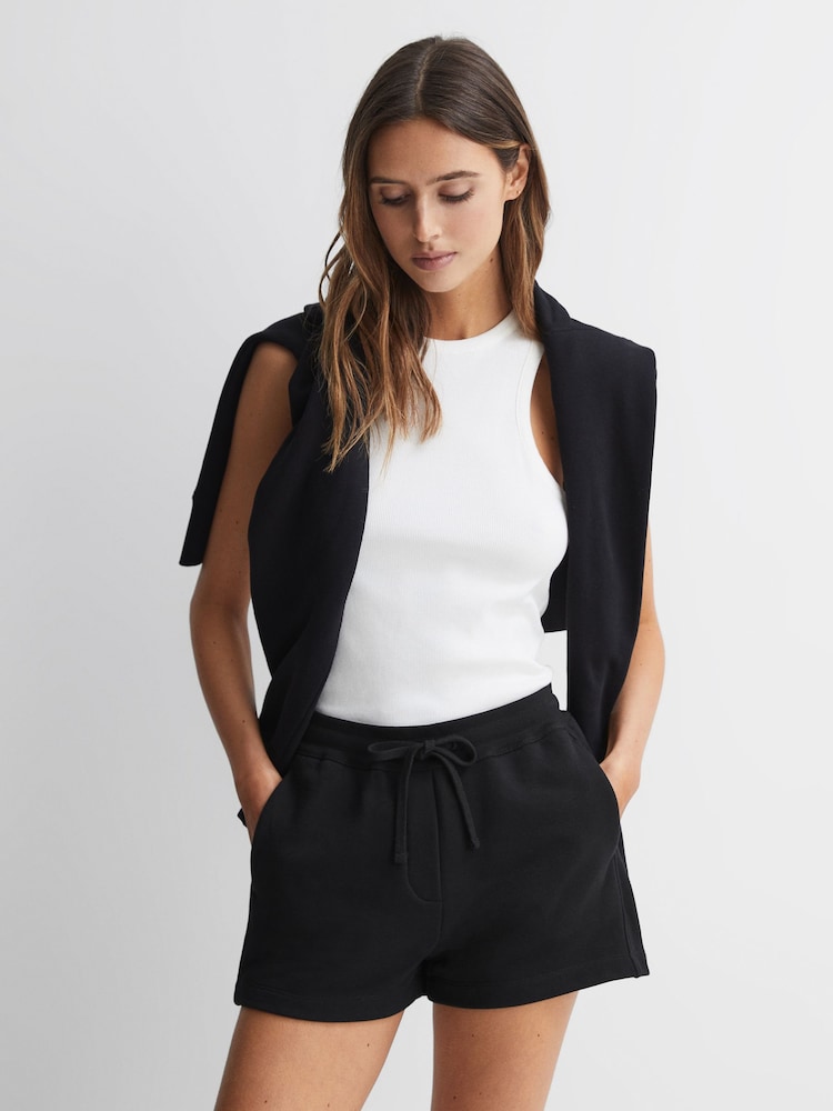 Reiss Black Gilly Relaxed Fit Cotton Drawstring Shorts - Image 1 of 5
