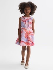 Reiss Pink Print Max 9-14 yrs Floral Print Pleated Scuba Dress - Image 3 of 6
