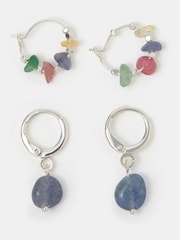 Accessorize Silver Sterling Silver-Plated Aventurine Hoop Earrings 2-Pack - Image 1 of 2