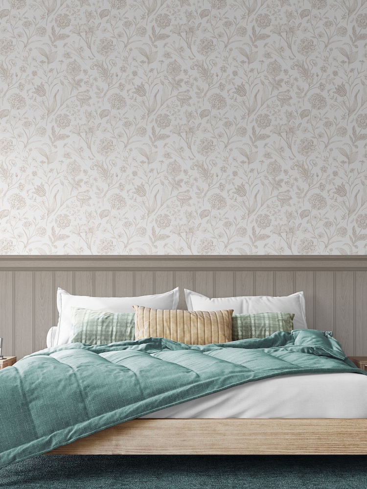 Hoopla Walls Mink Tongue And Groove Floral Toile Wallpaper - Image 1 of 2 Hoopla Walls Mink Tongue And Groove Floral Toile Wallpaper - Image 1 of 2