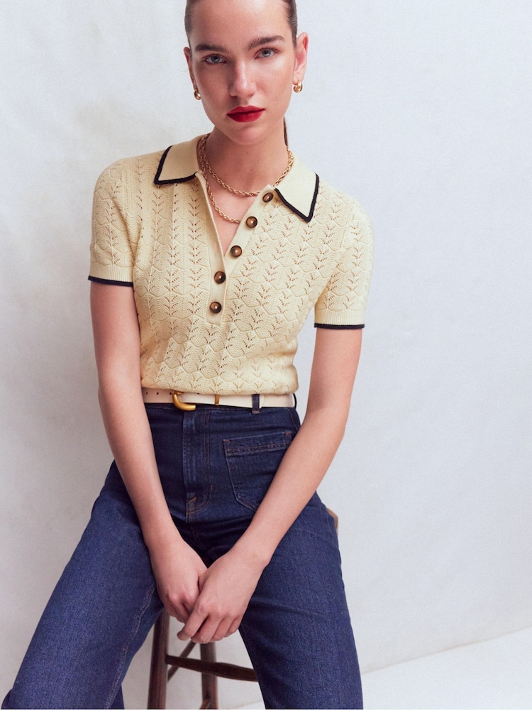 Boden Cream Pointelle Henley T-Shirt - Image 2 of 5 Boden Cream Pointelle Henley T-Shirt - Image 2 of 5