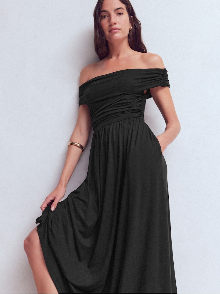 Boden Black Ruched Bardot Jersey Dress - Image 1 of 7 Boden Black Ruched Bardot Jersey Dress - Image 1 of 7