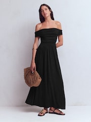 Boden Black Ruched Bardot Jersey Dress - Image 4 of 7