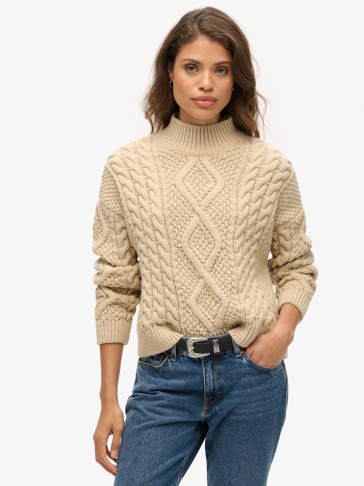 Superdry Cream Aran Cable Knit Polo Jumper - Image 1 of 6