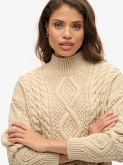 Superdry Cream Aran Cable Knit Polo Jumper - Image 3 of 6