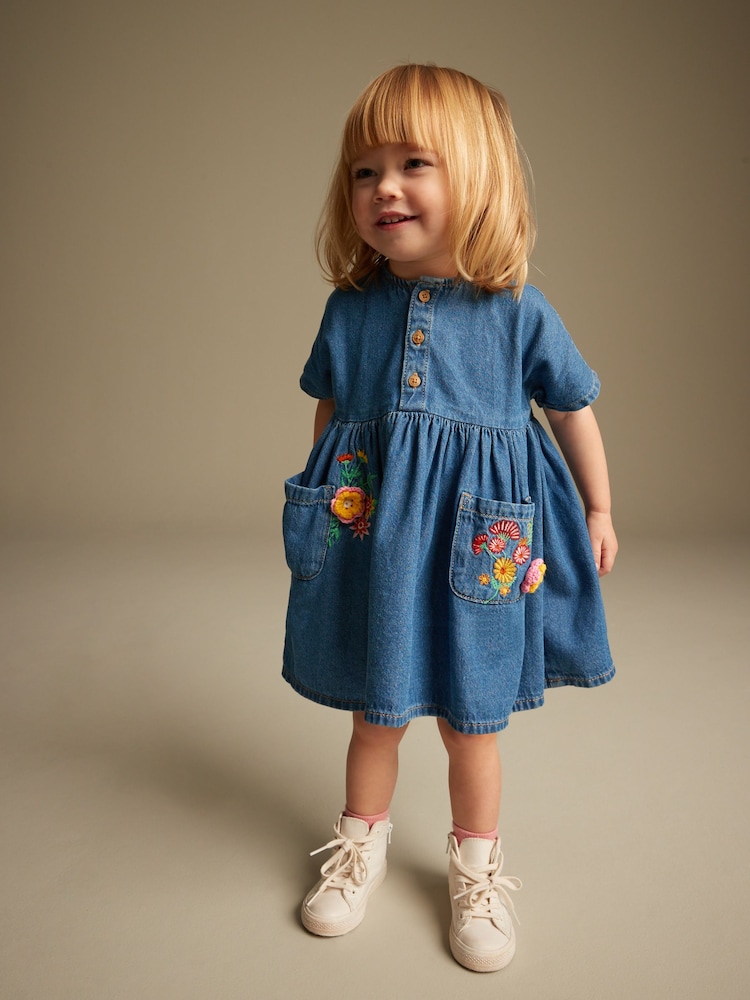modra Denim z vezenino - Sproščena 100% bombažna obleka (3mths-8yrs) - Slika 1 iz 7