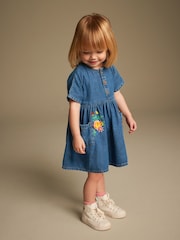 modra Denim z vezenino - Sproščena 100% bombažna obleka (3mths-8yrs) - Slika 2 iz 7