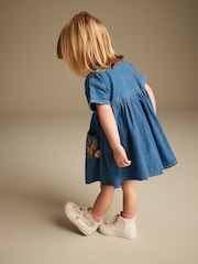 modra Denim z vezenino - Sproščena 100% bombažna obleka (3mths-8yrs) - Slika 3 iz 7