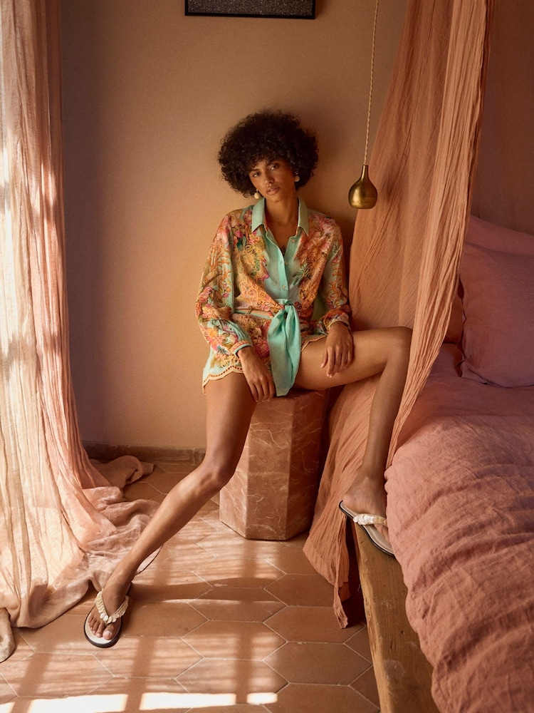 River Island Green Del Maar Belted Embellished Cutwork Shorts - Image 2 of 4