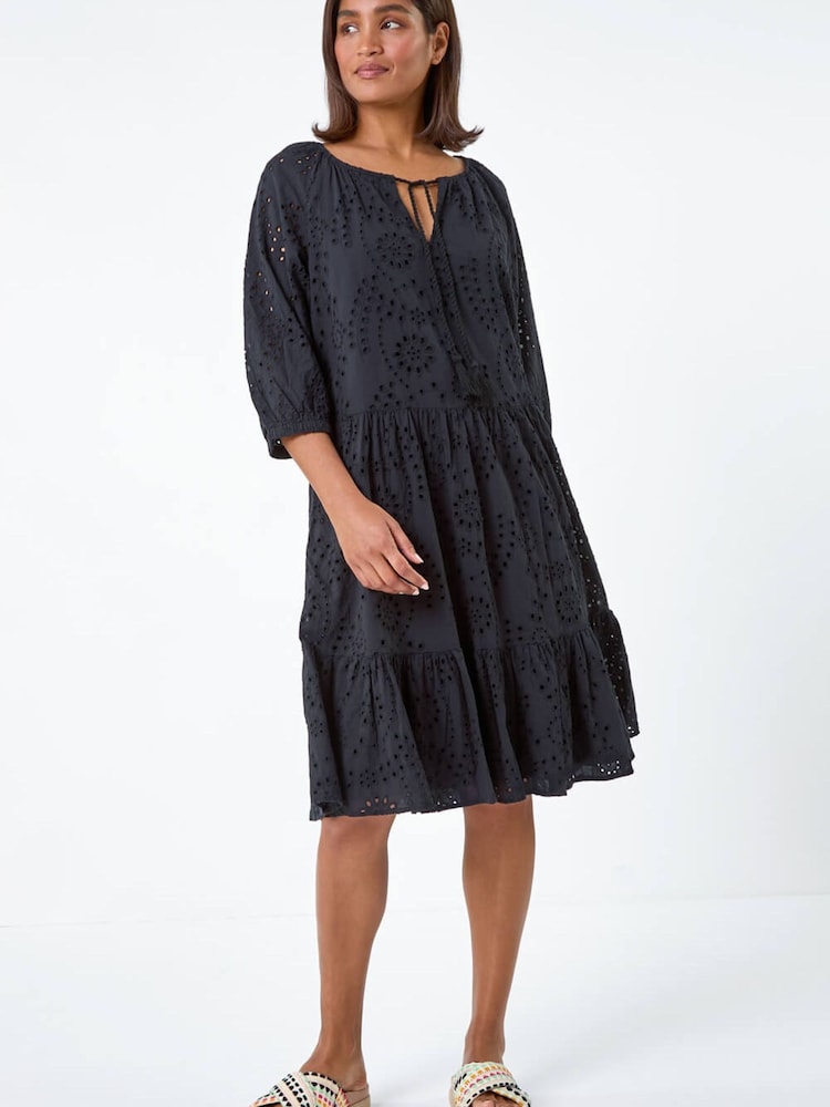 Roman Black Cotton Broderie Tiered Smock Dress - Image 2 of 5