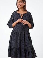 Roman Black Cotton Broderie Tiered Smock Dress - Image 4 of 5
