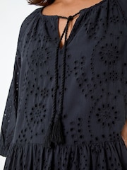 Roman Black Cotton Broderie Tiered Smock Dress - Image 5 of 5