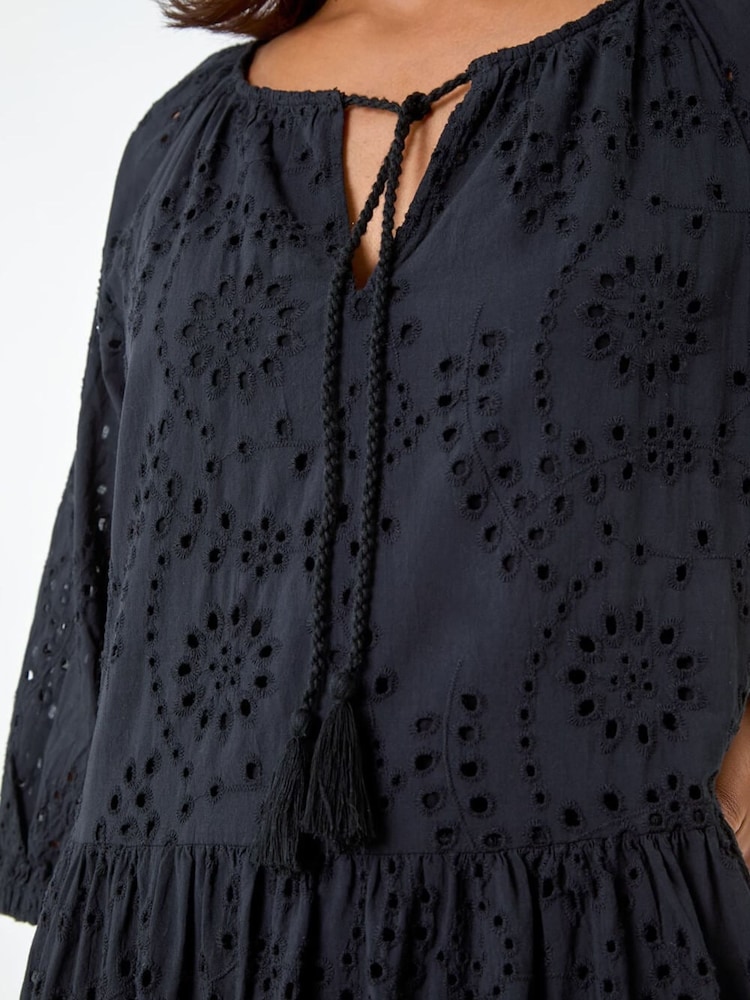 Roman Black Cotton Broderie Tiered Smock Dress - Image 5 of 5