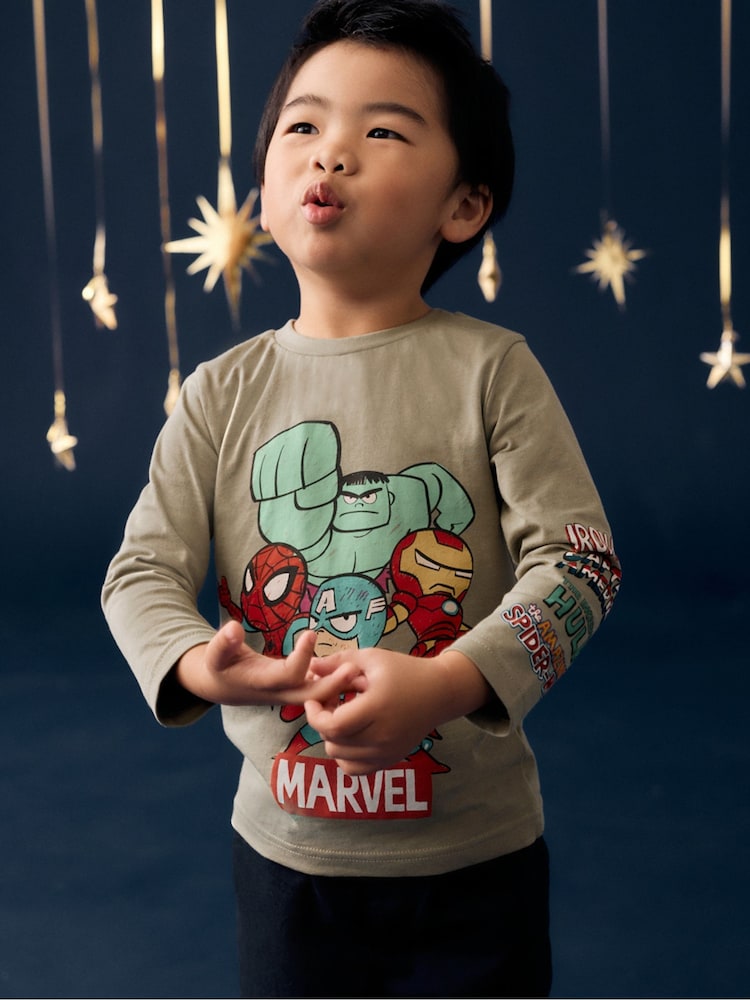 كاكي أخضر - تيشِرت قطن 100% بكم طويل مزيّن بطبعة مستوحاة من شخصيات Marvel (3 أشهر-8 سنوات) - صورة 1 من 6