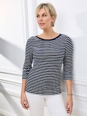 Cotton Traders Blue Wrinkle Free 3/4 Sleeve Boat Neck Stripe Top - Image 1 of 4
