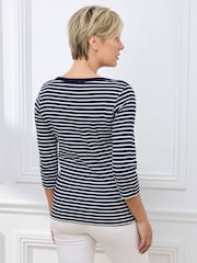 Cotton Traders Blue Wrinkle Free 3/4 Sleeve Boat Neck Stripe Top - Image 2 of 4