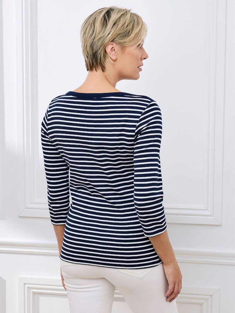 Cotton Traders Blue Wrinkle Free 3/4 Sleeve Boat Neck Stripe Top - Image 2 of 4 Cotton Traders Blue Wrinkle Free 3/4 Sleeve Boat Neck Stripe Top - Image 2 of 4