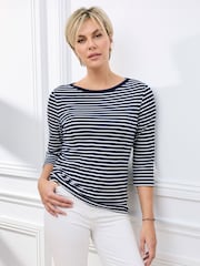 Cotton Traders Blue Wrinkle Free 3/4 Sleeve Boat Neck Stripe Top - Image 3 of 4