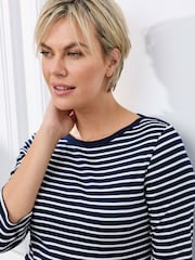 Cotton Traders Blue Wrinkle Free 3/4 Sleeve Boat Neck Stripe Top - Image 4 of 4