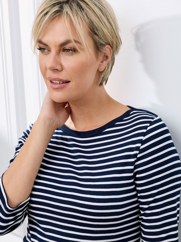 Cotton Traders Blue Wrinkle Free 3/4 Sleeve Boat Neck Stripe Top - Image 4 of 4 Cotton Traders Blue Wrinkle Free 3/4 Sleeve Boat Neck Stripe Top - Image 4 of 4