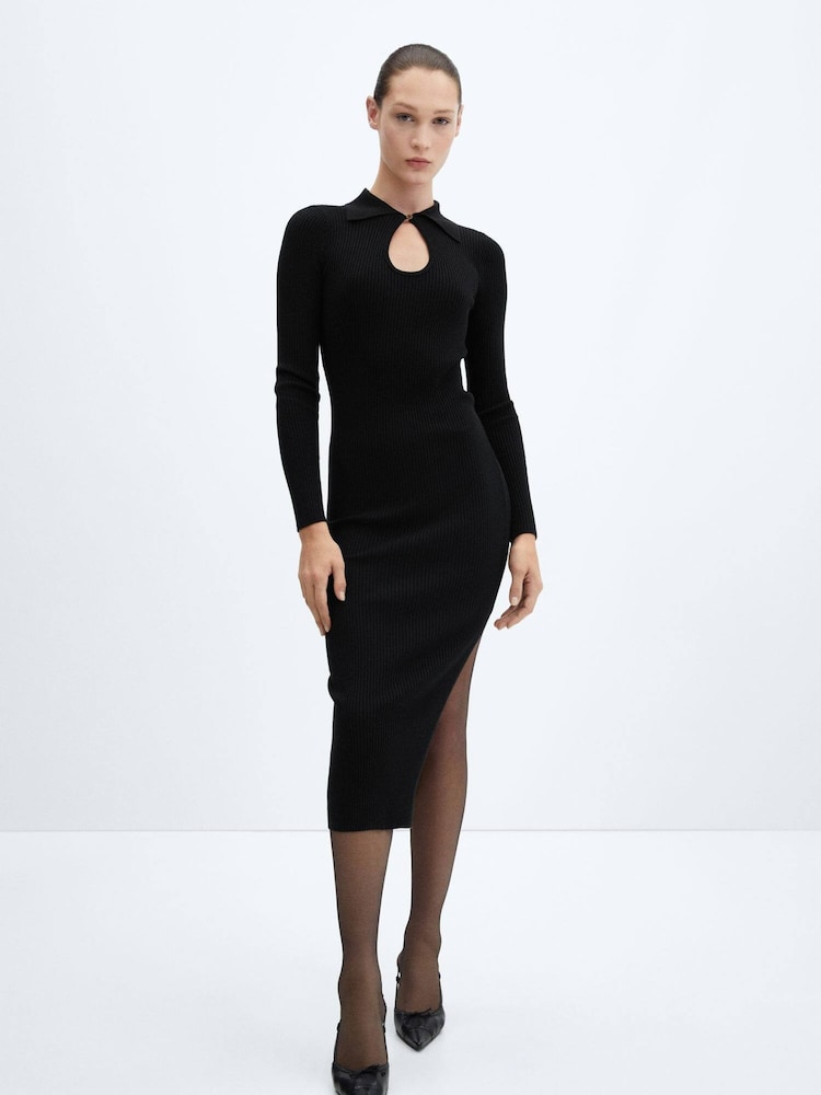 Mango Black Ribbed Knit Dress With Opening - Image 1 of 7 Mango Black Ribbed Knit Dress With Opening - Image 1 of 7