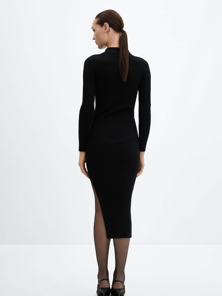 Mango Black Ribbed Knit Dress With Opening - Image 2 of 7