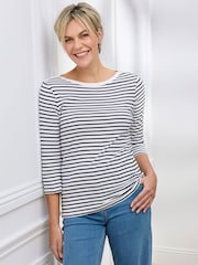 Cotton Traders White Wrinkle Free 3/4 Sleeve Boat Neck Stripe Top - Image 1 of 4