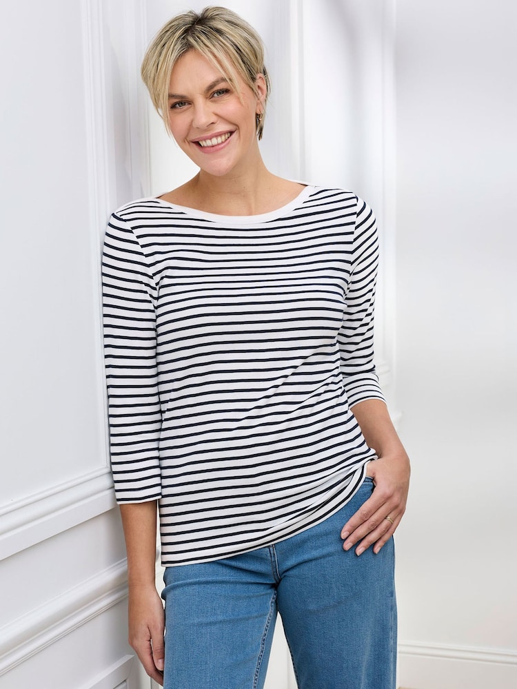 Cotton Traders White Wrinkle Free 3/4 Sleeve Boat Neck Stripe Top - Image 1 of 4 Cotton Traders White Wrinkle Free 3/4 Sleeve Boat Neck Stripe Top - Image 1 of 4