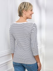 Cotton Traders White Wrinkle Free 3/4 Sleeve Boat Neck Stripe Top - Image 2 of 4