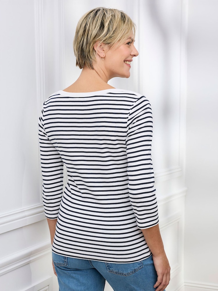 Cotton Traders White Wrinkle Free 3/4 Sleeve Boat Neck Stripe Top - Image 2 of 4 Cotton Traders White Wrinkle Free 3/4 Sleeve Boat Neck Stripe Top - Image 2 of 4