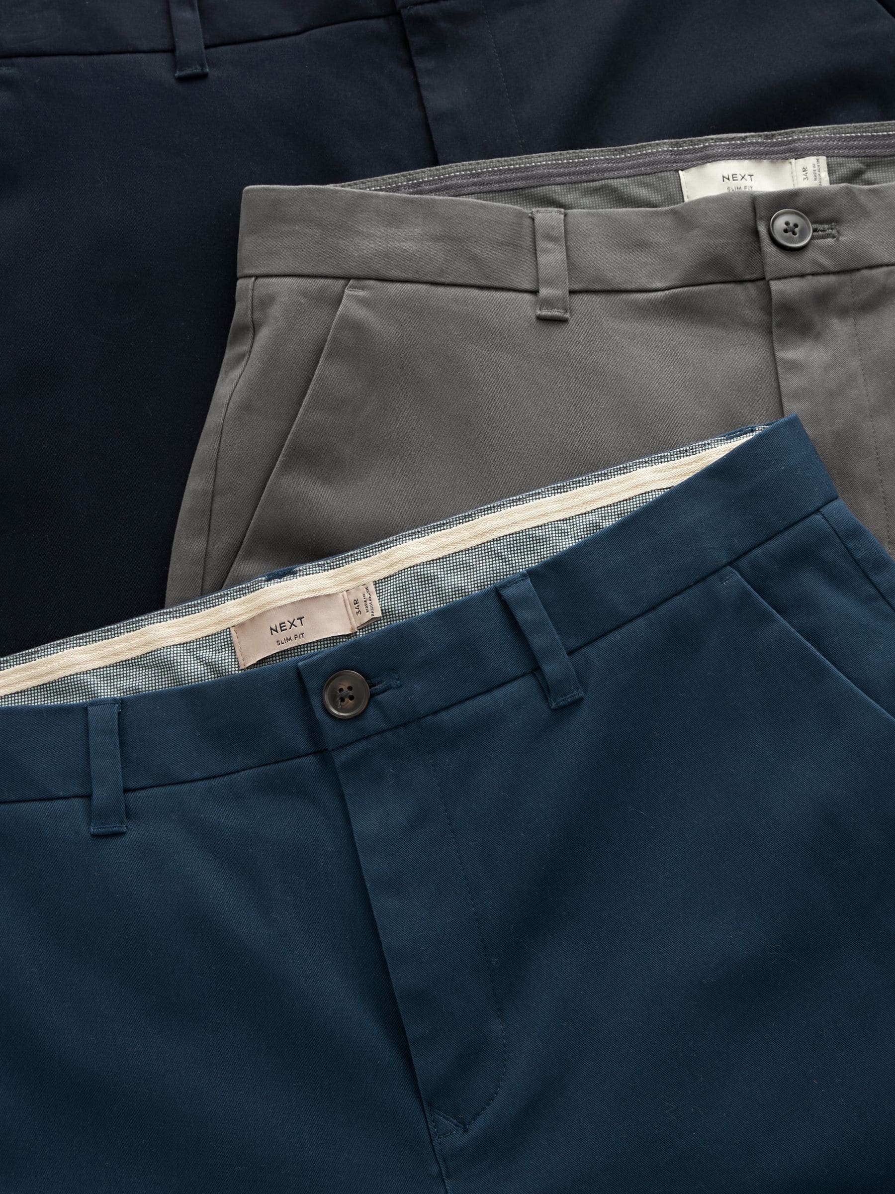 Buy Blue,Grey,Navy Slim Fit Stretch Chinos Trousers 3 Pack