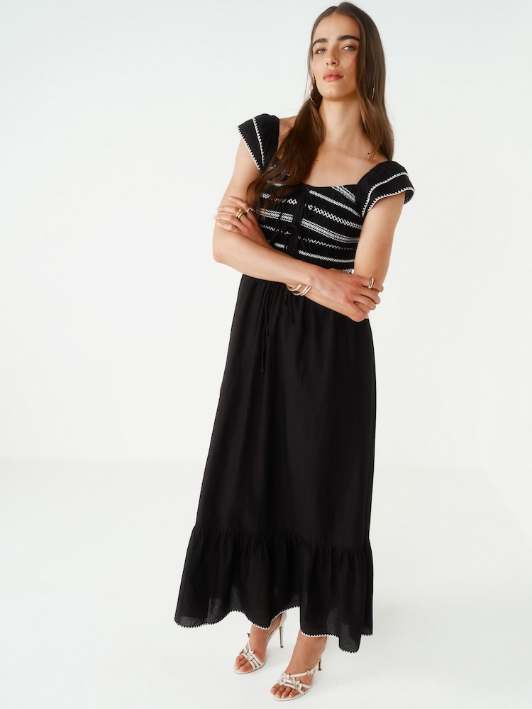 Black Shirred 100% Cotton Midi Dress - Image 1 of 6