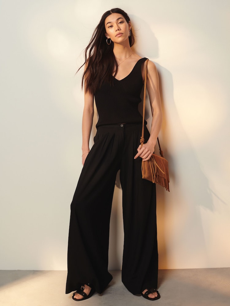 Black Superwide Pleated Trousers With Linen - Image 1 of 6 Black Superwide Pleated Trousers With Linen - Image 1 of 6