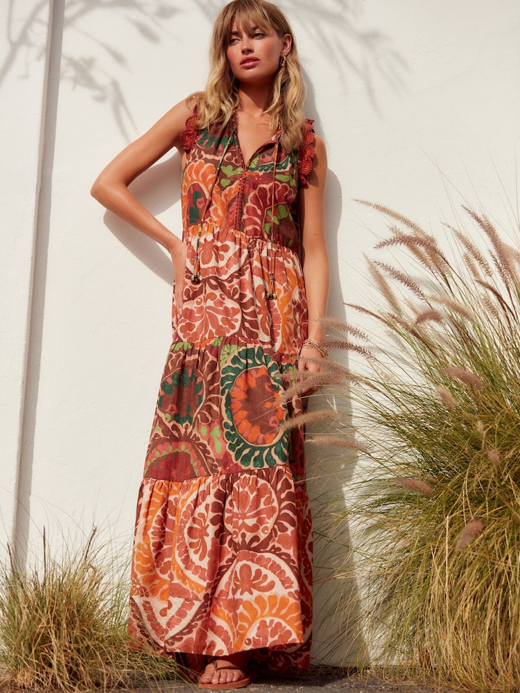 Red Tiered Cotton Summer Maxi Dress - Image 1 of 7