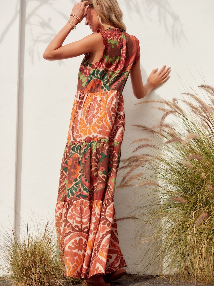 Red Tiered Cotton Summer Maxi Dress - Image 2 of 7