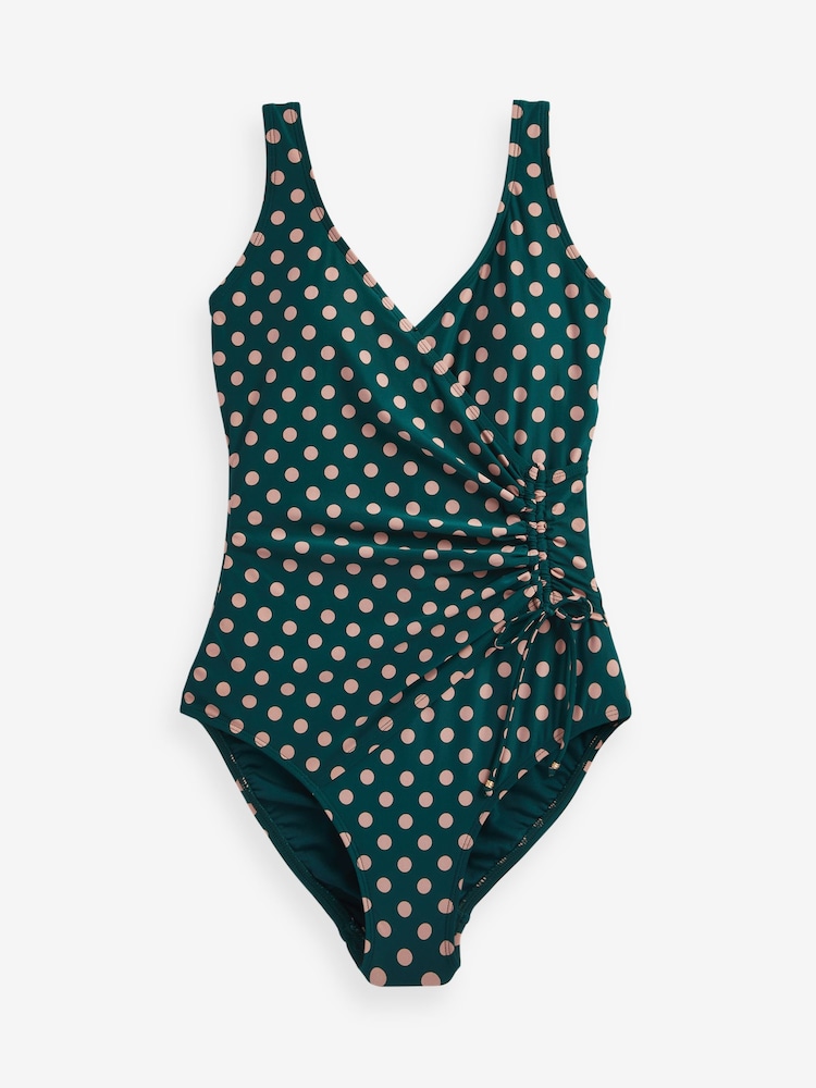 Teal/Tan Spot Ruched Side Tummy Control Swimsuit - Image 5 of 5