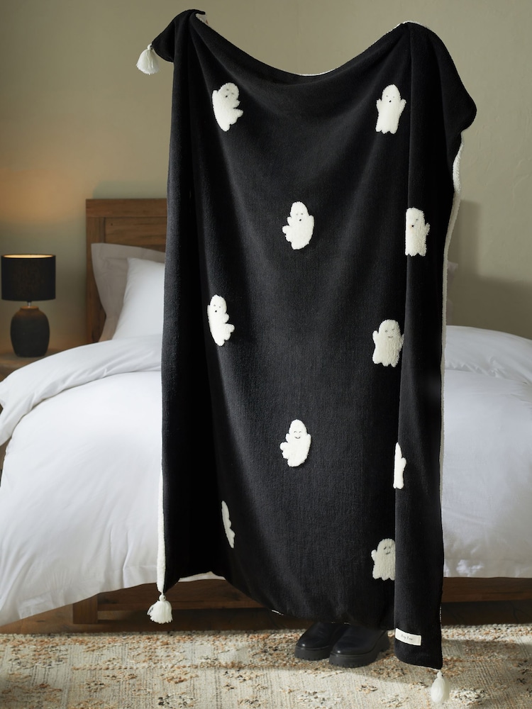 Black/White Halloween Ghost Fleece Throw - Image 2 of 7
