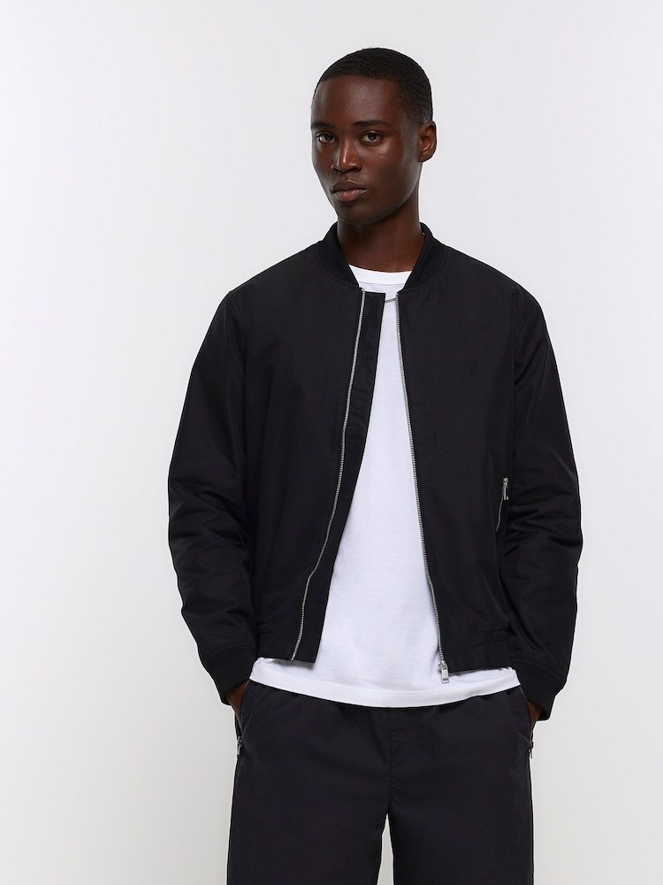 River Island Black Regular Fit Zip Up Bomber Jacket - Image 1 of 6