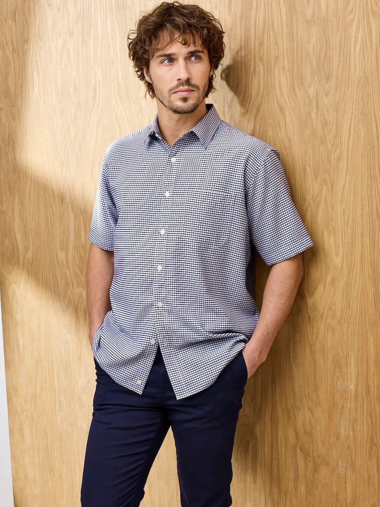Cotton Traders Blue Check Signature Short Sleeve Easy-Iron Shirt - Image 1 of 4 Cotton Traders Blue Check Signature Short Sleeve Easy-Iron Shirt - Image 1 of 4