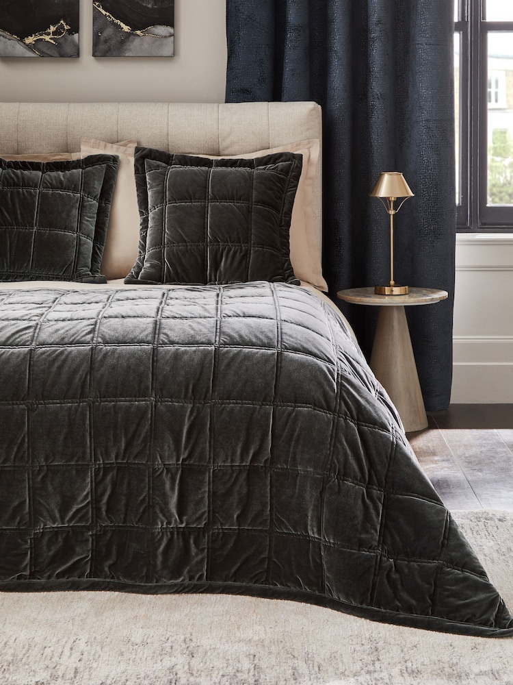 Charcoal Grey Quilted Lustre Velvet Bedspread - Image 1 of 3
