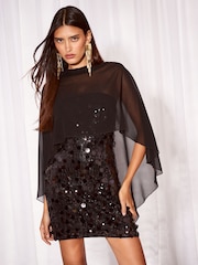 Lipsy Black 2 In 1 Sequin Mini Chiffon Cape Mini Dress - Image 1 of 6