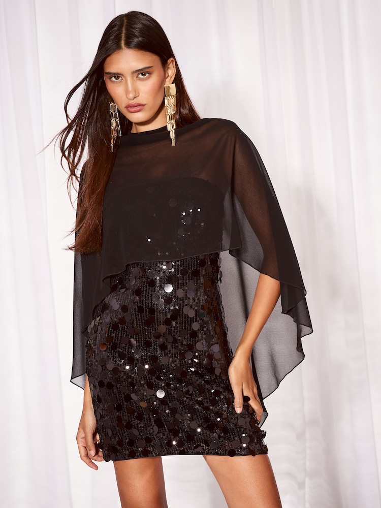 Lipsy Black 2 In 1 Sequin Mini Chiffon Cape Mini Dress - Image 1 of 6
