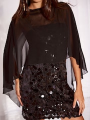 Lipsy Black 2 In 1 Sequin Mini Chiffon Cape Mini Dress - Image 3 of 6
