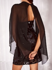 Lipsy Black 2 In 1 Sequin Mini Chiffon Cape Mini Dress - Image 6 of 6