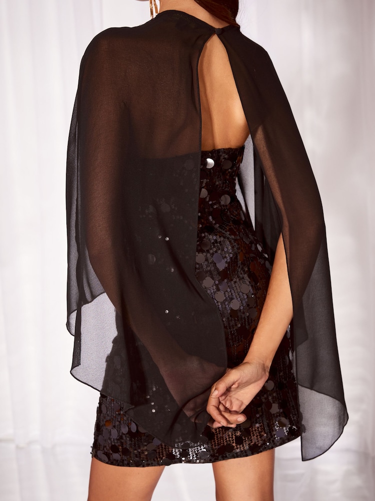Lipsy Black 2 In 1 Sequin Mini Chiffon Cape Mini Dress - Image 6 of 6
