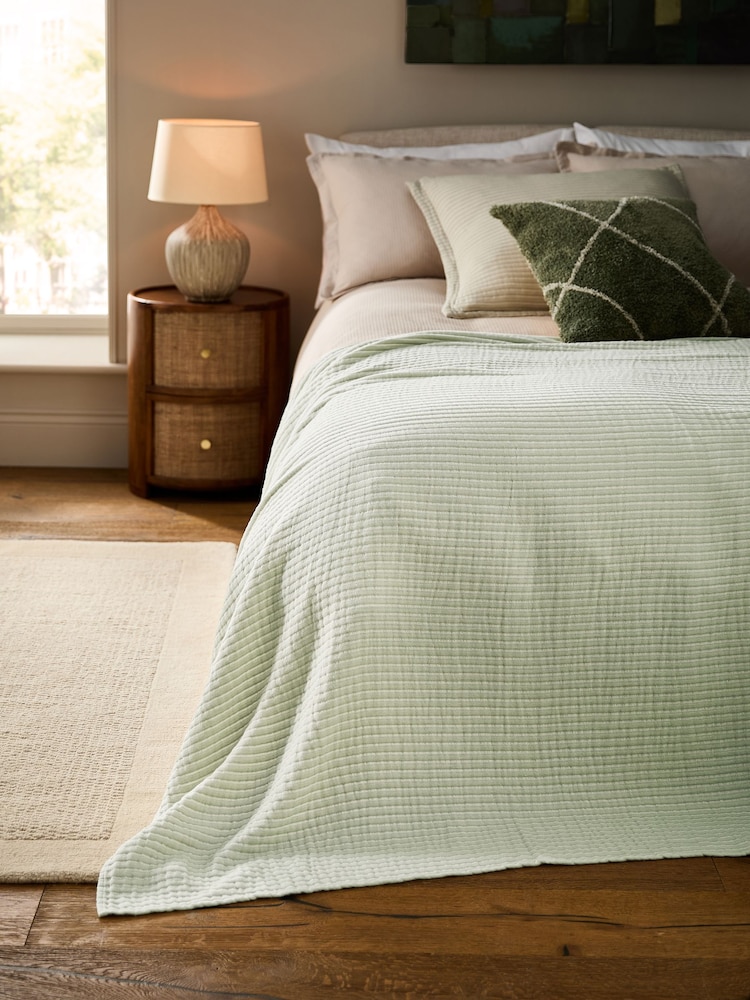 Sage Green Muslin Stripe 100% Cotton Throw - Image 1 of 5