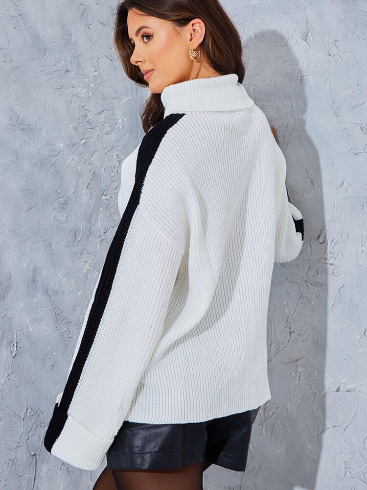 In The Style Cream Perrie Sian Contrast Sleeve High Neck Jumper - Image 2 of 5 In The Style Cream Perrie Sian Contrast Sleeve High Neck Jumper - Image 2 of 5